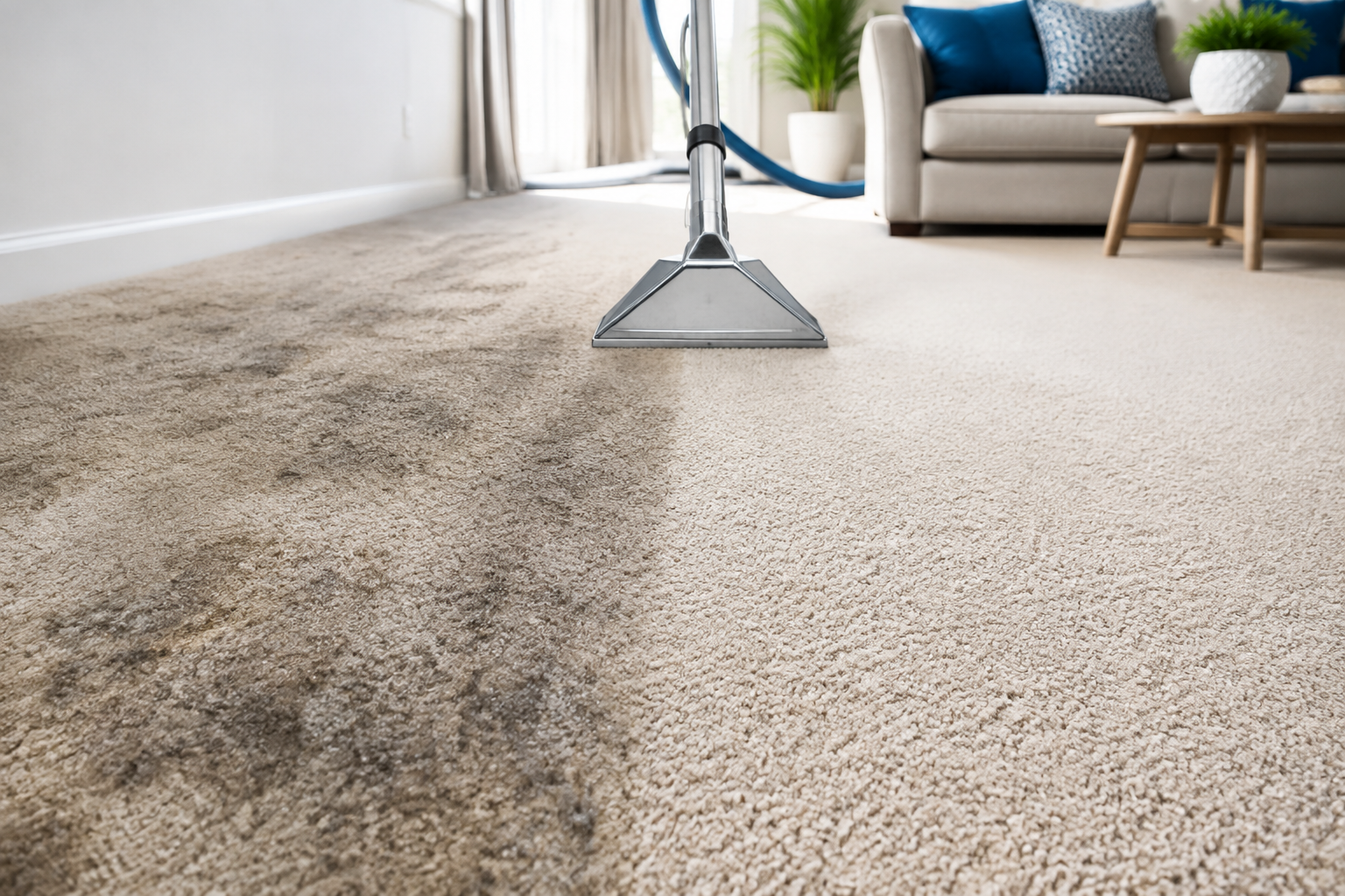 Illustrative before-and-after carpet-cleaning comparison